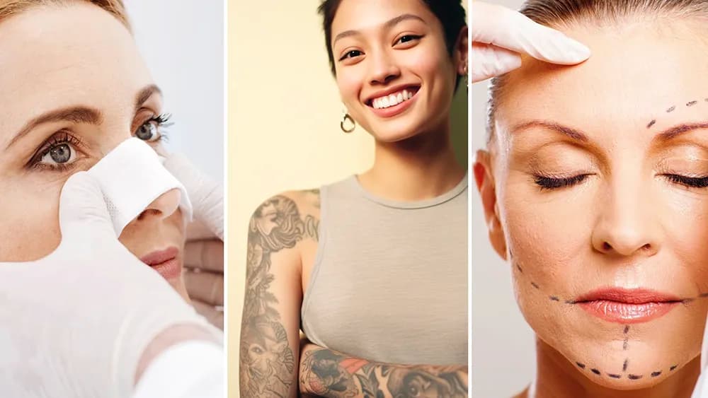 صورة تُظهر امرأة بعد عملية تجميل الأنف، وفتاة تحمل وشمًا، وعارضة مستعدّة لشدّ الوجه