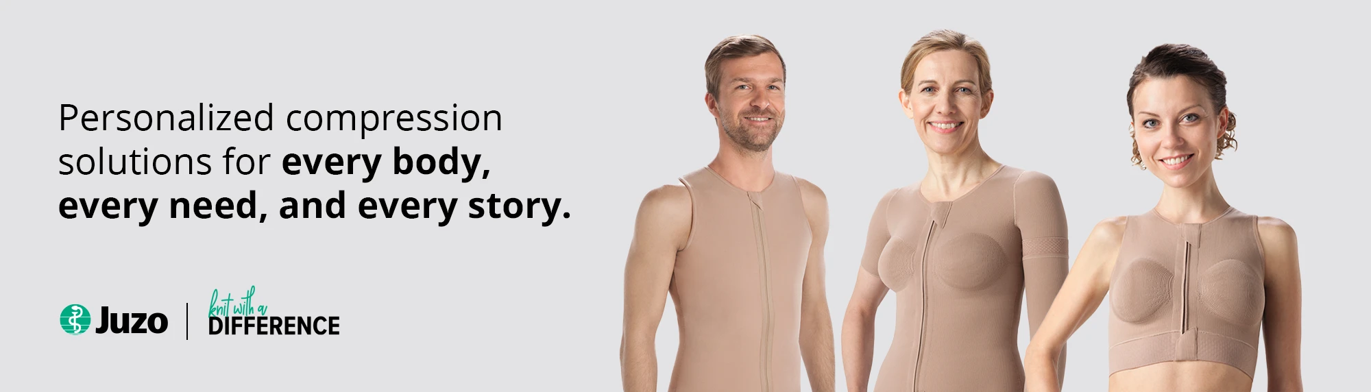 banner showing two female and one male models, wearing different types of custom-made compression garment.